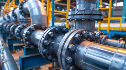 Steel pipelines with large industrial pumps and valves, clean industrial environment