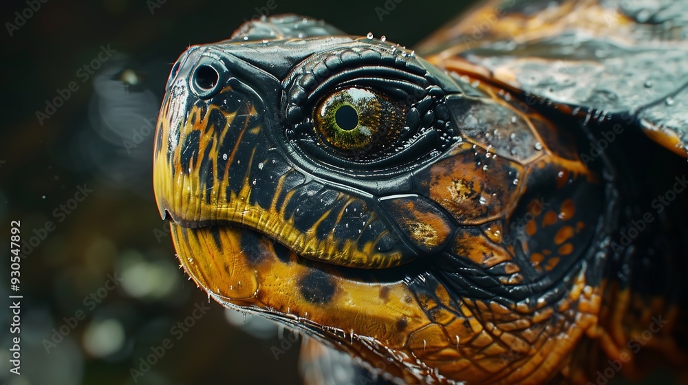Close-up of a Turtle's Eye and Shell with Water Droplets
