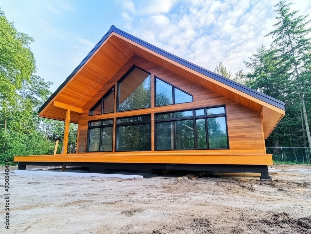 Modern wooden cabin stands tall in a serene forest clearing at sunset Modern wooden cabin stands tall in a serene forest clearing at sunset
