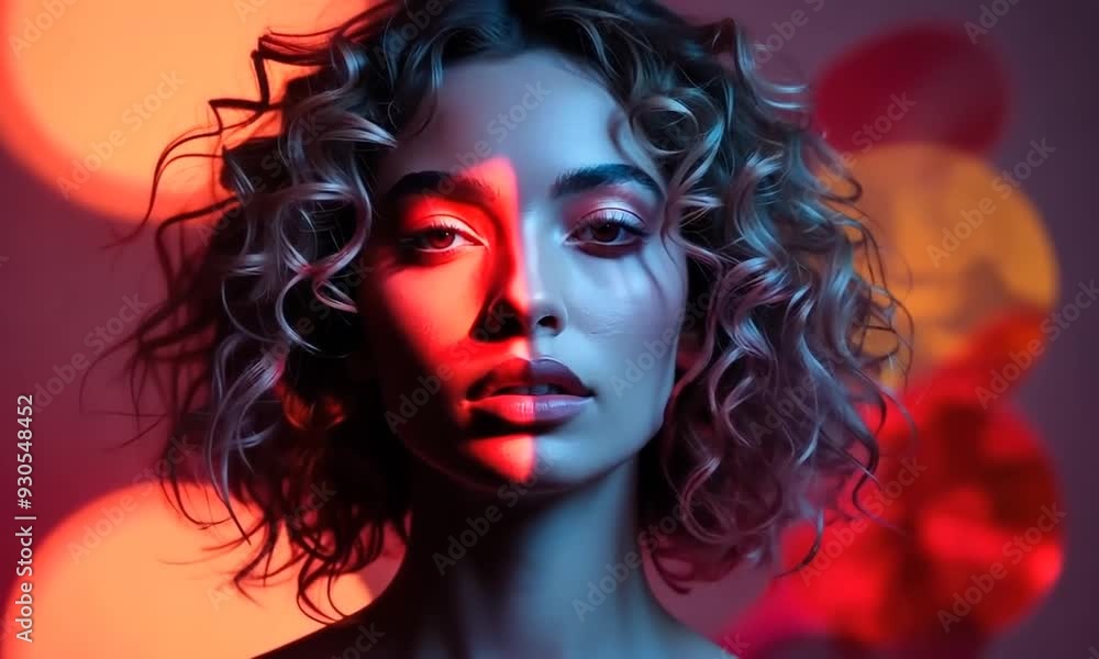 A young woman with curly hair gazes thoughtfully, bathed in vibrant colors under warm, colorful lighting, creating a mesmerizing atmosphere A young woman with curly hair gazes thoughtfully, bathed in vibrant colors under warm, colorful lighting, creating a mesmerizing atmosphere