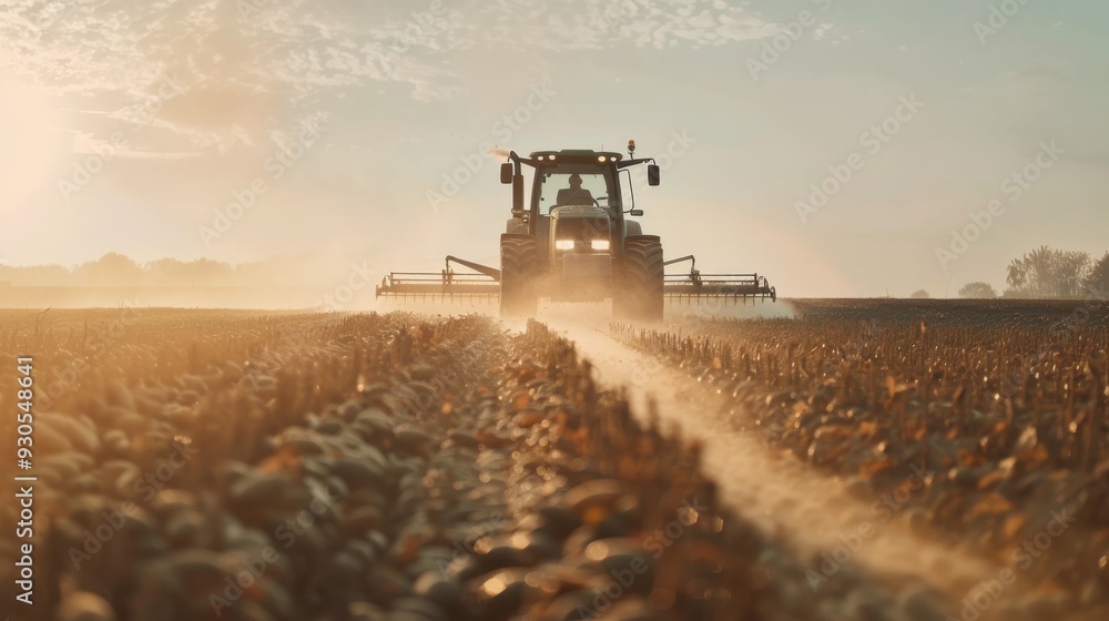 Fototapeta premium Tractor dispersing chemicals over soybean plants