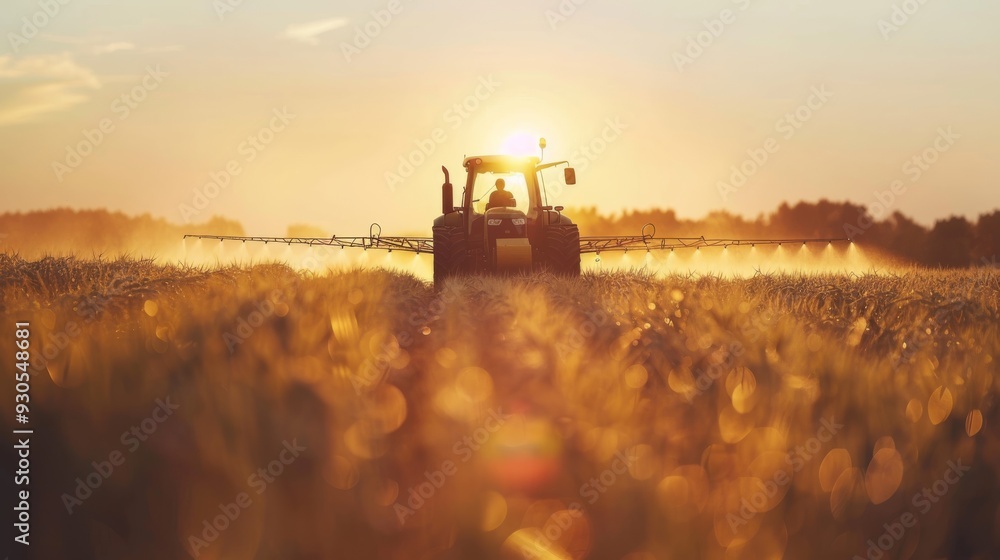 Fototapeta premium Tractor spraying soybean field at sunrise with copy space