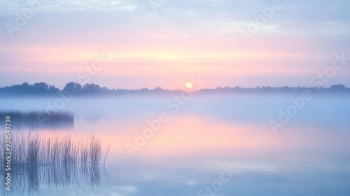 Misty Sunrise Over a Still Lake