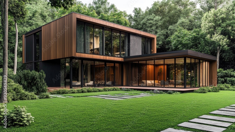 modern wooden house with glass windows in the forest modern wooden house with glass windows in the forest