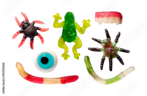 Set of sweet colorful assorted gummy candy isolated. Halloween jelly sweets. PNG with transparent background. Clipping path. Flat lay