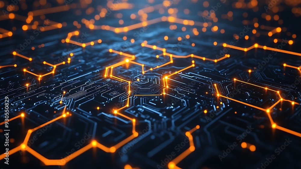 A close-up of a futuristic circuit board with glowing orange connections, symbolizing advanced technology, innovation, and digital networks. A close-up of a futuristic circuit board with glowing orange connections, symbolizing advanced technology, innovation, and digital networks.