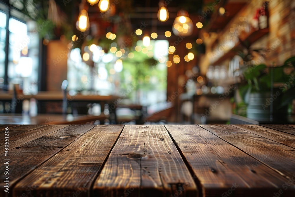 A wooden table with a view of a restaurant A wooden table with a view of a restaurant