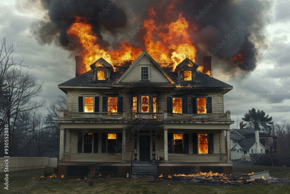 Dramatic House on Fire with Flames Erupting from Windows and Doors ...