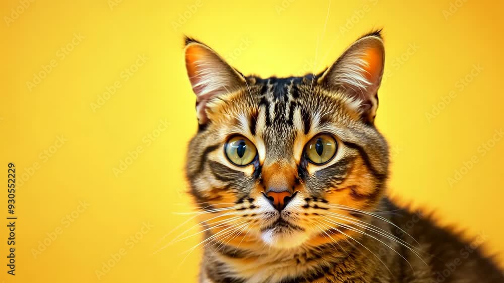 Curious cat reacts to sounds in a bright yellow room during afternoon hours Curious cat reacts to sounds in a bright yellow room during afternoon hours
