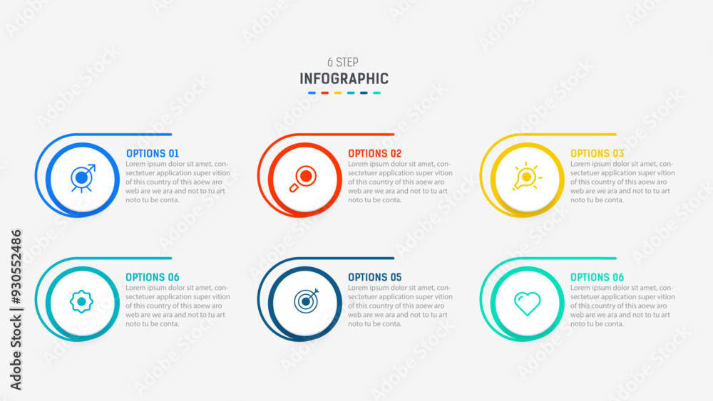 Fototapeta premium Business infographics design for Six Step, option, parts or process. Infographic 6 element design template for presentation. process diagram, step banner, flow chart, 6 option template.