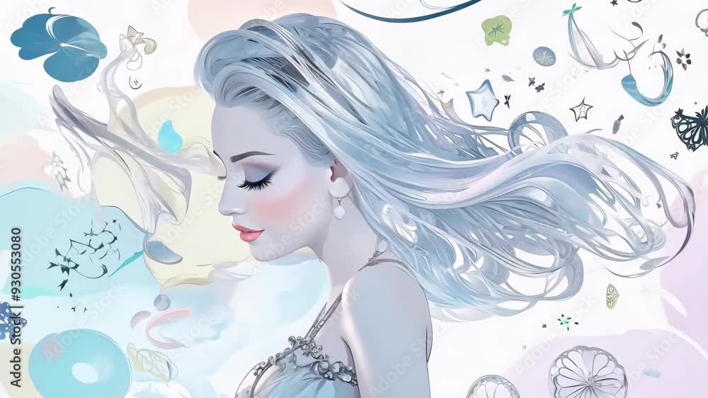 Elegant woman in flowing gown surrounded by whimsical illustrations in a dreamy atmosphere Elegant woman in flowing gown surrounded by whimsical illustrations in a dreamy atmosphere