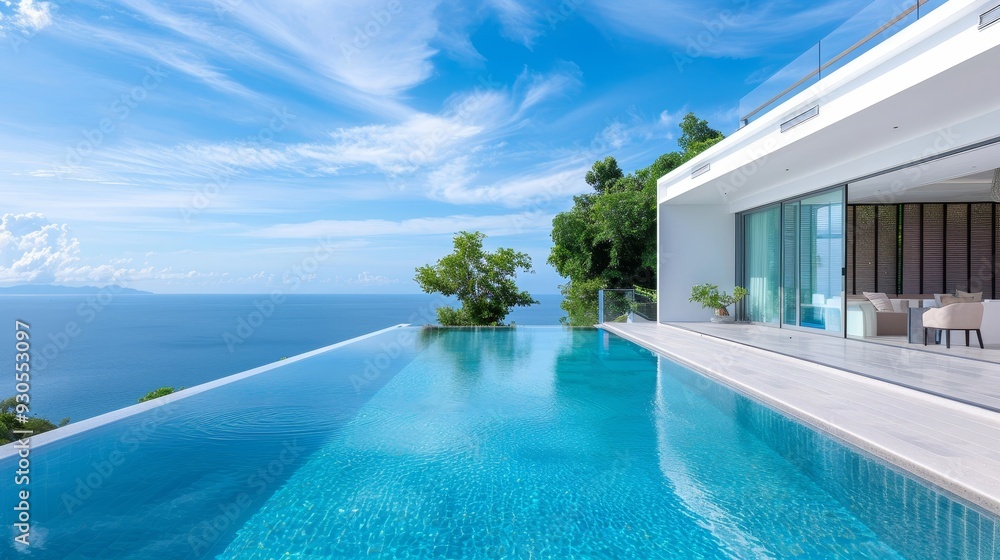 Fototapeta premium A large pool with a beautiful view of the ocean