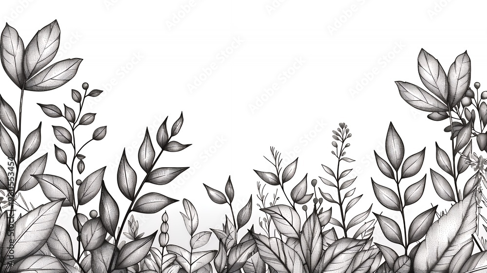 A black-and-white illustration of various plants and leaves, creating a decorative border. A black-and-white illustration of various plants and leaves, creating a decorative border.