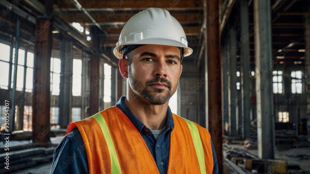 Confident Construction Engineer in Hard Hat and Safety Vest at Building Site Confident Construction Engineer in Hard Hat and Safety Vest at Building Site