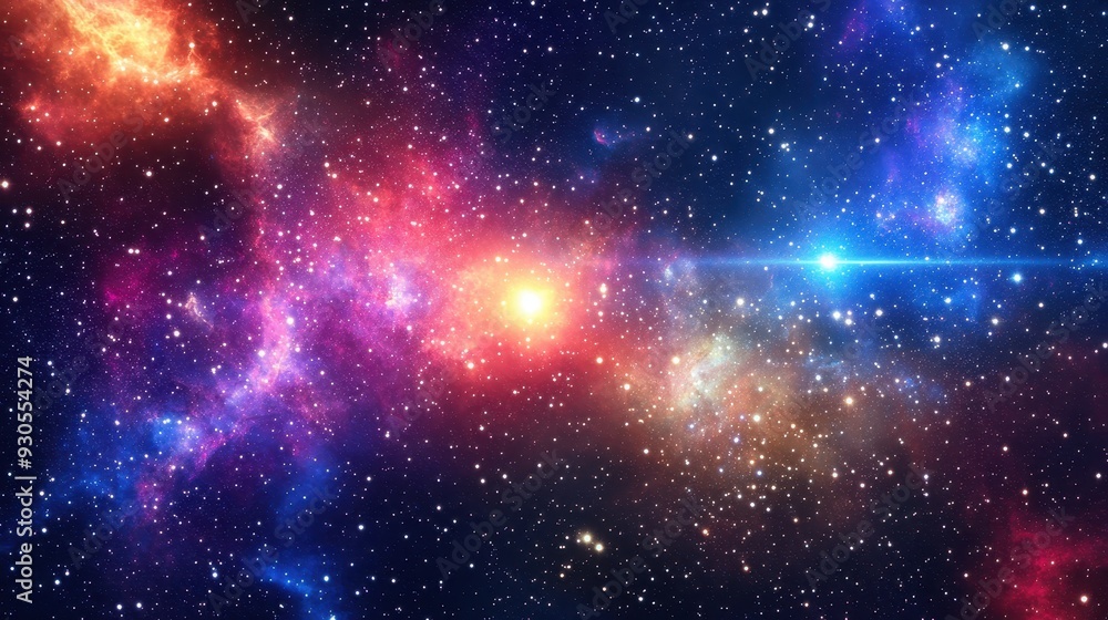 Naklejka premium A vibrant cosmic scene showcasing colorful nebulae and stars in the vastness of space.