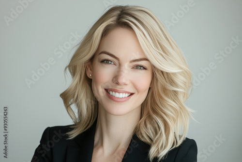 Confident blonde woman in a business portrait with a bright smile and soft lighting, wearing a black blazer