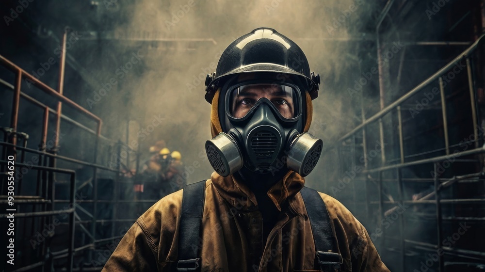 Worker Wearing Respirator and Helmet Navigating Smoke-Filled Hazardous Worksite Worker Wearing Respirator and Helmet Navigating Smoke-Filled Hazardous Worksite