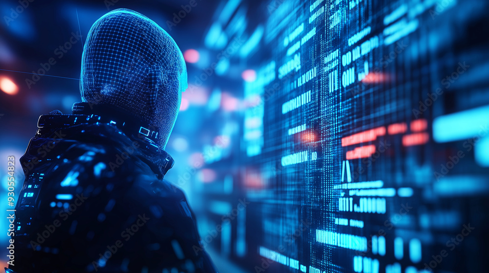 A cyber attack sequence with a blue digital hacker figure, glowing ...