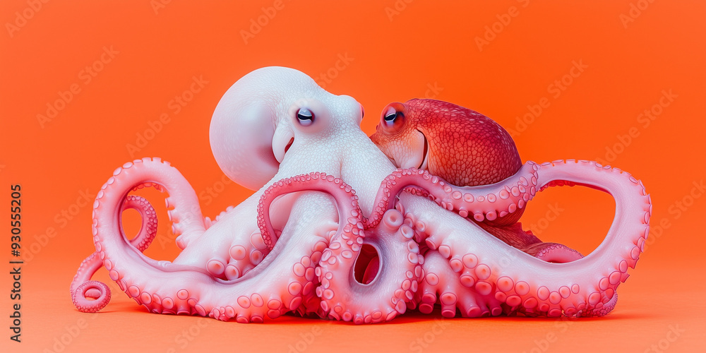 Obraz premium Two Octopuses Hugging on Orange Background