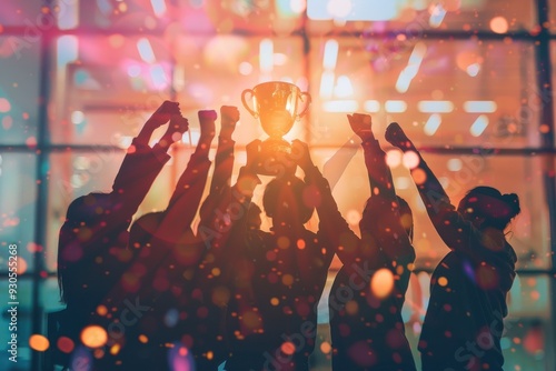 A golden trophy symbolizes success as a team member is honored with applause, embodying the spirit of employee appreciation and achievement.