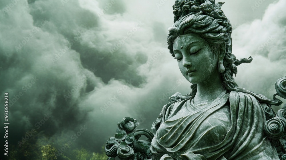 Serene Goddess Statue in a Misty Setting Serene Goddess Statue in a Misty Setting