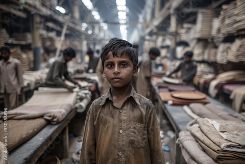 Young Boy in Indian Textile Factory Surrounded by Busy Workers.