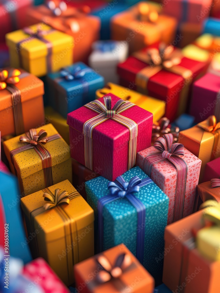 A pile of colorful gift boxes stacked on top of each other, ideal for use in advertising and promotional materials A pile of colorful gift boxes stacked on top of each other, ideal for use in advertising and promotional materials