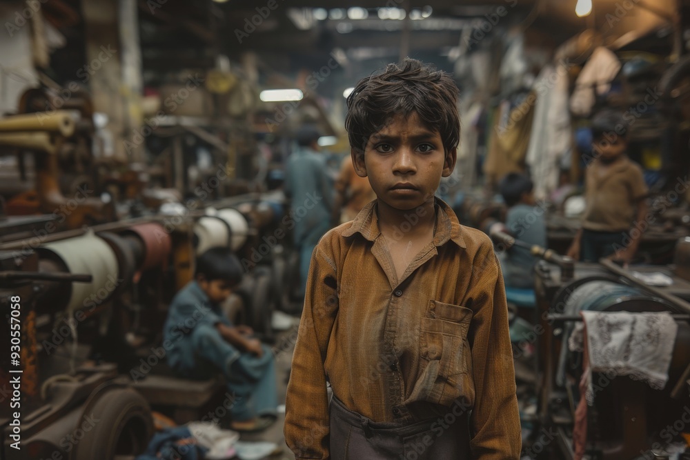Young Indian Boy with Sad Expression in Textile Factory Scene. Young Indian Boy with Sad Expression in Textile Factory Scene.
