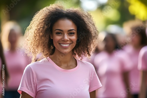 Diverse women walking for cancer awareness, one smiling at the camera, blurred background, unity.