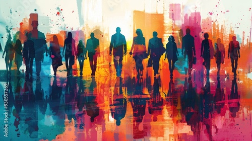 Silhouettes of people walking in a colorful abstract cityscape.  The image represents community, unity, and movement.