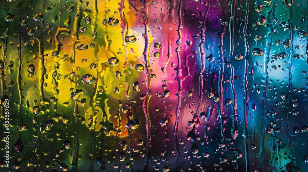 Obraz premium Rain Drops Illuminated By Colors On Window