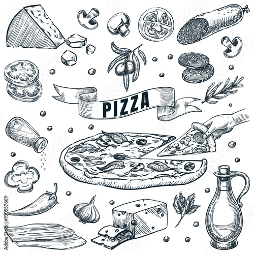 Italian pizza and ingredients set, isolated on white background. Hand drawn vector sketch illustration. Cooking recipes or pizzeria menu design elements