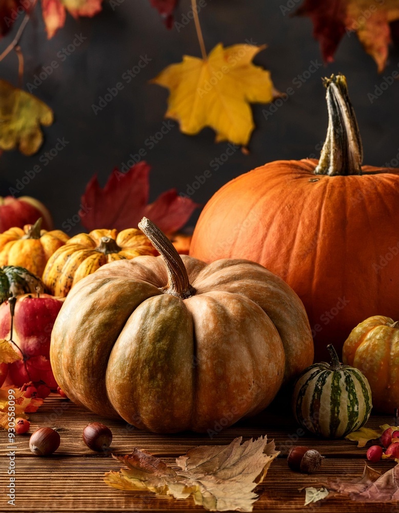 Thanksgiving pumpkins with fruits and falling leaves on rustic wooden table Thanksgiving pumpkins with fruits and falling leaves on rustic wooden table