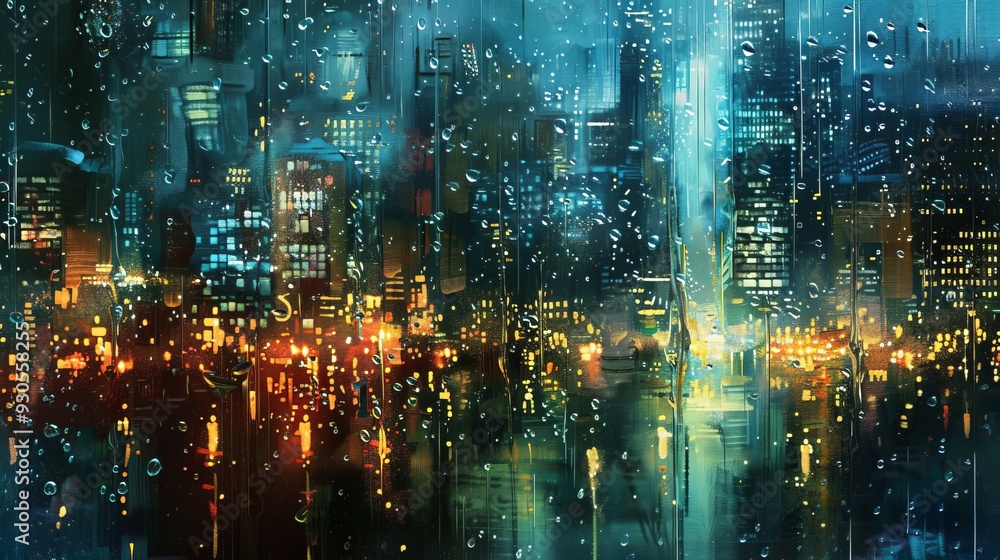 Fototapeta premium City Lights Through Rain Window