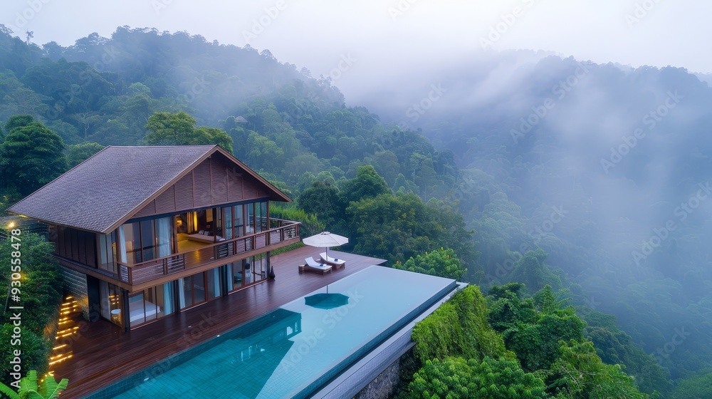 Naklejka premium A house with a pool and a large tree in the background