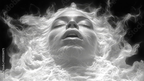 Surreal white marble sculpture of woman emerging from smoke