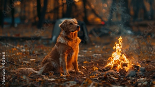 Calm Dog Sitting by Campfire in Autumn Forest with Leaves and Sparks photo