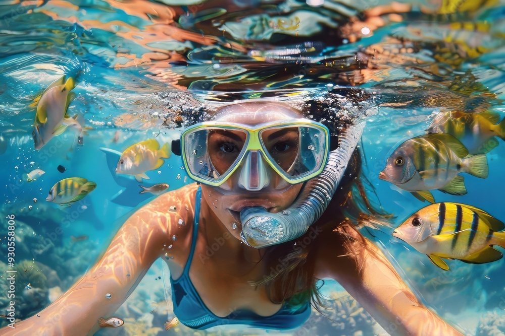 Naklejka premium Diving with fish in the ocean