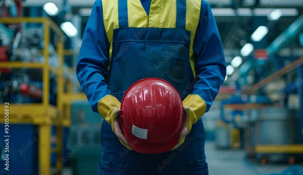 Industrial Worker in Blue Overalls with Red Helmet and Safety Vest. Industrial Worker in Blue Overalls with Red Helmet and Safety Vest.