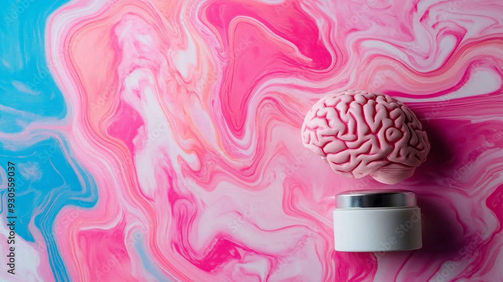 Obraz premium A brain and a cosmetic jar on a background of colorful, swirling patterns, symbolizing the relationship between psychological health and skincare in psychodermatology