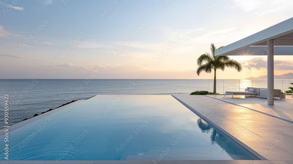 A pool with a view of the ocean and a pavilion A pool with a view of the ocean and a pavilion