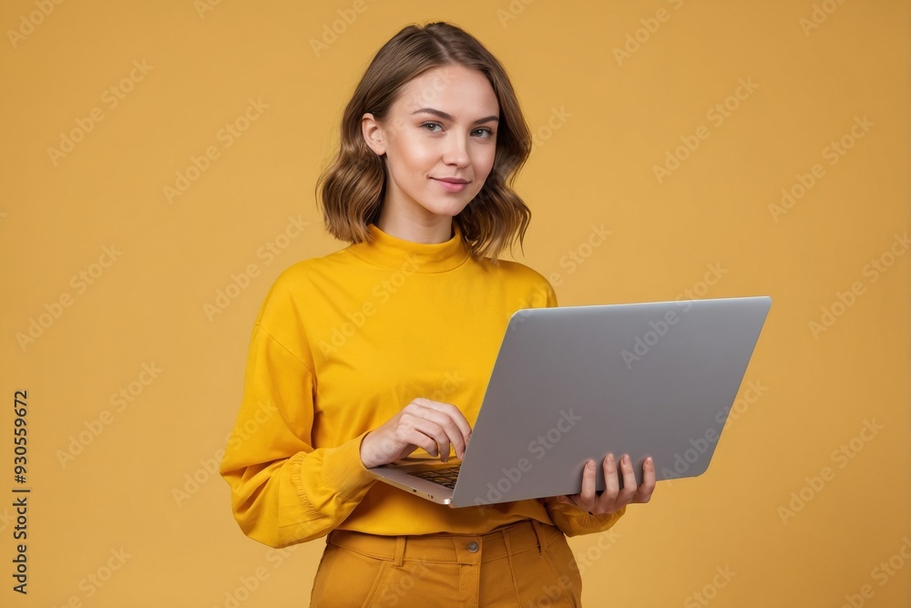 Naklejka premium Young woman in yellow sweater holding laptop against yellow background