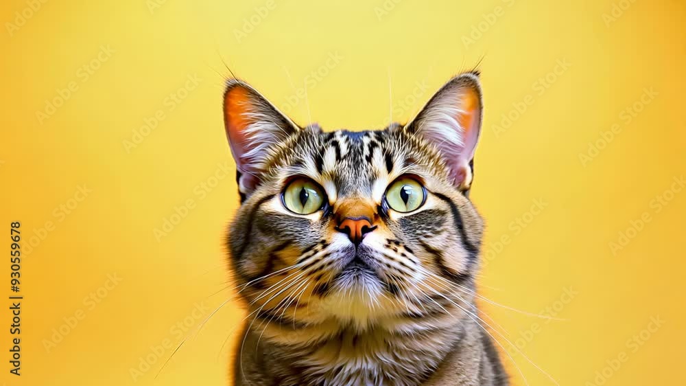 Close-up of a tabby cat with striking green eyes against a bright yellow background Close-up of a tabby cat with striking green eyes against a bright yellow background