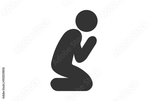 Vector high quality black stick figure icon of a prayer isolated on white background. Faith, humility and hope concept