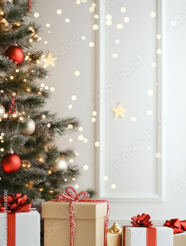 christmas and new year background - gift boxes and stars near decorated christmas tree and copy space over white wall with lights photo