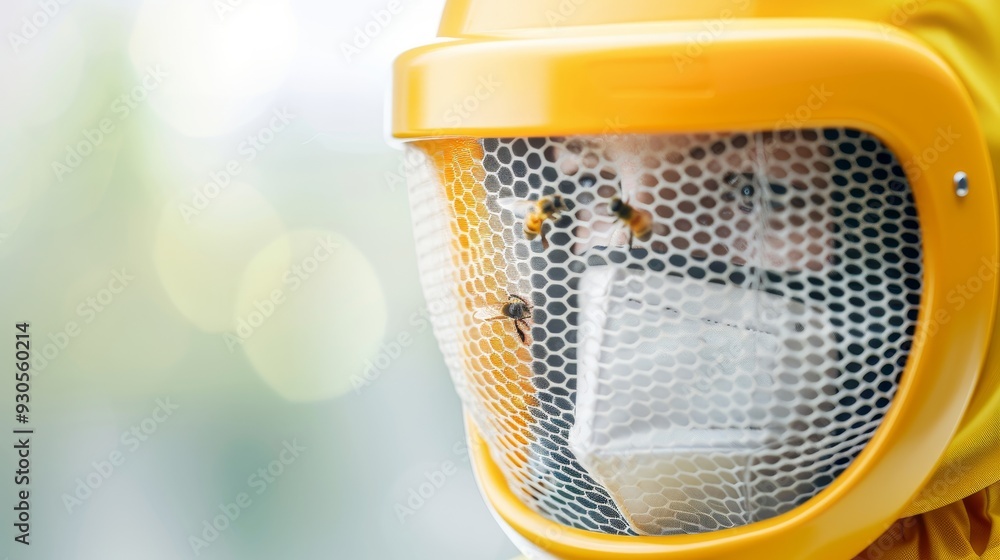 A person wearing a yellow helmet with a mesh face mask A person wearing a yellow helmet with a mesh face mask