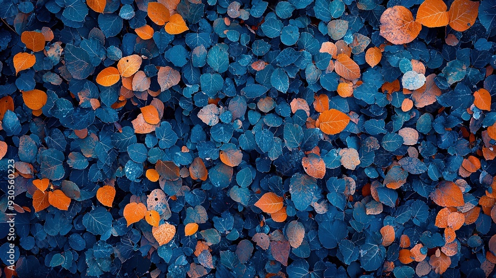 Orange and blue leaves on black background with blue sky Orange and blue leaves on black background with blue sky