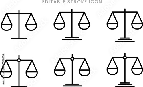 Law scale icon set. Justice scales symbol. Judge equality sign vector illustration editable stroke