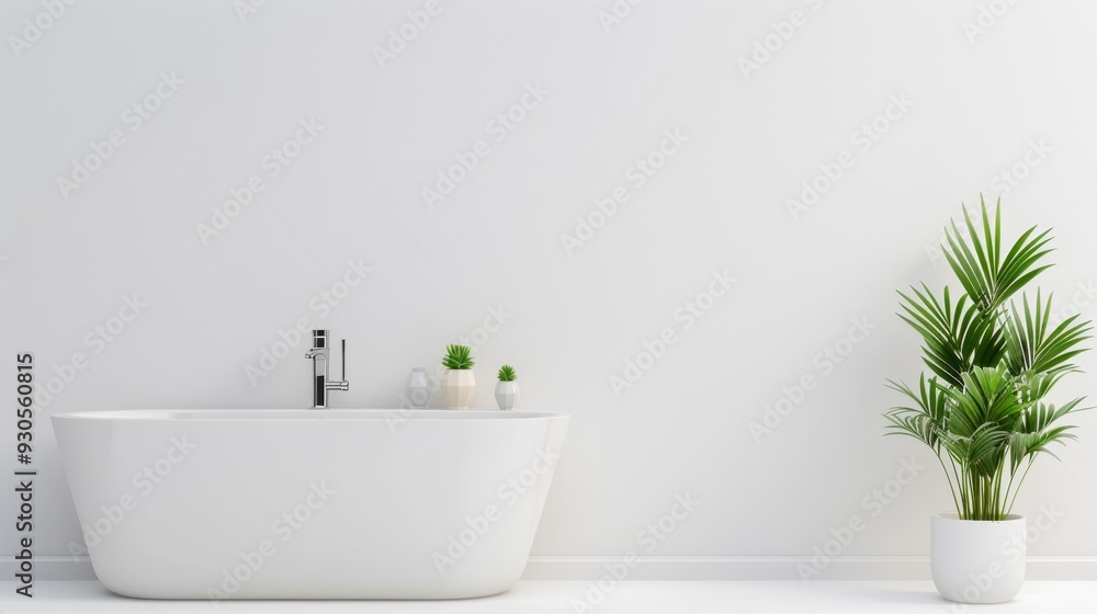A bathroom with a white tile wall and a green plant A bathroom with a white tile wall and a green plant