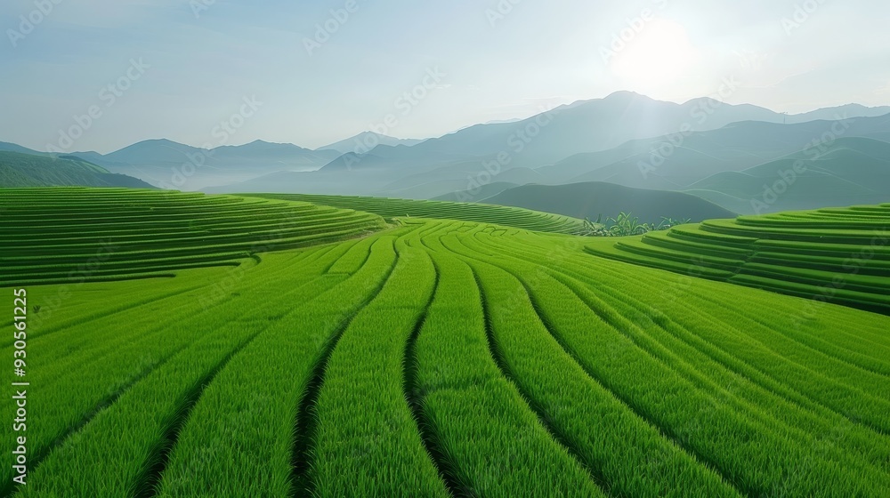 A river runs through a field of green rice A river runs through a field of green rice
